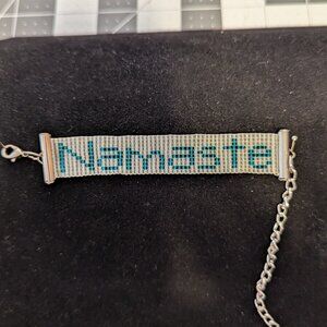 Pale gray and teal Namaste Bracelet
